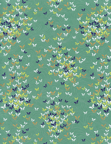 866C Yuzen Chiyogami--yellow, blue, white, and peach butterflies on celadon background with gold accents accents