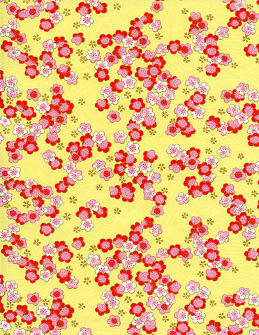 867C Yuzen Chiyogami-- pink, white, and red plum blossoms on yellow background with gold cherry blossom accents