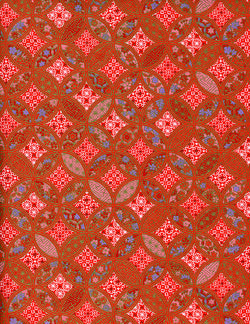 873-871C Yuzen Chiyogami--red, blue, white, and pink geometric motifs on red background