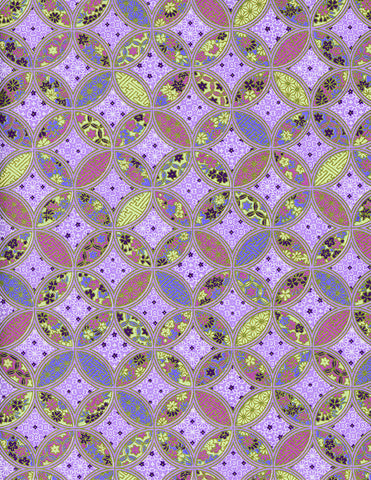 873-872C Yuzen Chiyogami--lilac, light green, and purple geometric motifs on purple background