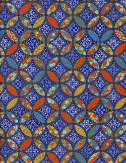873C Yuzen Chiyogami--red, gold, and blue geometric motifs on blue background