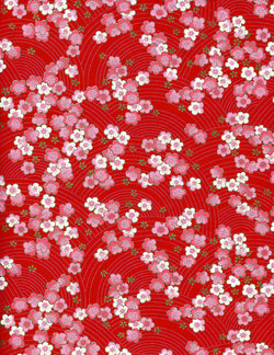876C Yuzen Chiyogami--pink and white plum blossoms on red background
