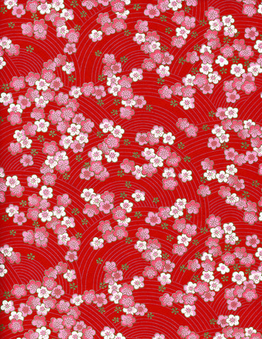 876C Yuzen Chiyogami--pink and white plum blossoms on red background