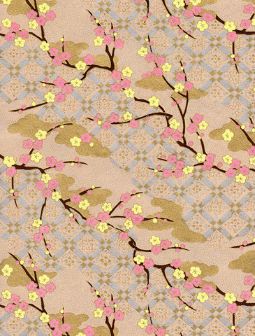 879C Yuzen Chiyogami--pink and light yellow plum blossoms on light pink, gold, and light lilac background