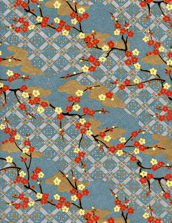 879-881C Yuzen Chiyogami--red and light yellow plum blossoms on light blue, gold, and light lilac background