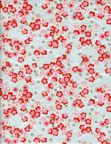 876-886C Yuzen Chiyogami--pink, red, and white plum blossoms on light blue background