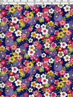 922C Yuzen Chiyogami--pink, yellow, and white cherry blossoms on blue background