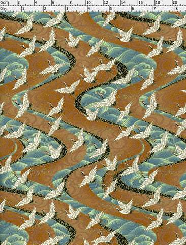 926C Yuzen Chiyogami--white cranes on light brown background with blue-green waves