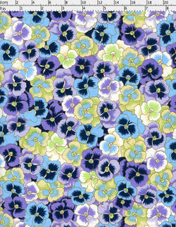948-956C Yuzen Chiyogami--An abundance of cheerful, blue, mint green, purple, and lilac pansy blossoms litter this paper.
