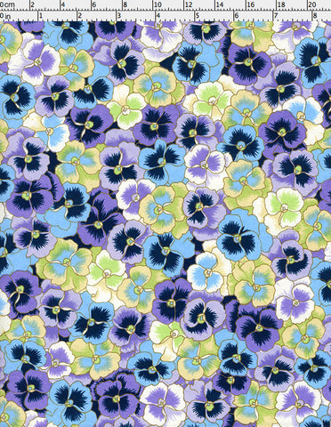 948-956C Yuzen Chiyogami--An abundance of cheerful, blue, mint green, purple, and lilac pansy blossoms litter this paper.