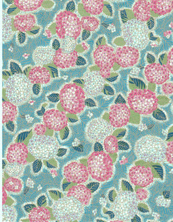 988C Yuzen Chiyogami--Light purple/blue and pink hydrangeas on a turquoise and green background