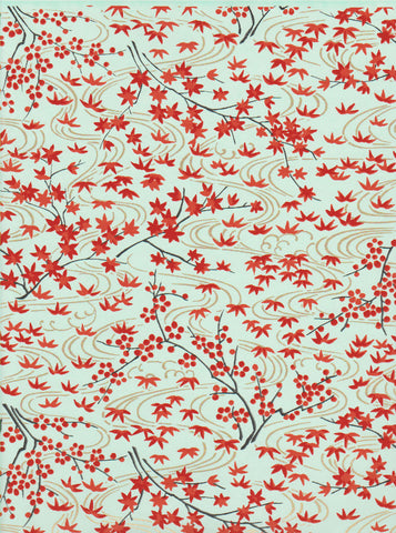 1022C  Yuzen Chiyogami--Autumn leaves in oranges and reds on a faint blue background with swirls mimicking water
