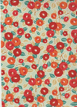 1023C  Yuzen Chiyogami--Hibiscus flowers in orange and red on a background of green and tan leaves