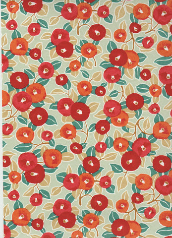 1023C  Yuzen Chiyogami--Hibiscus flowers in orange and red on a background of green and tan leaves