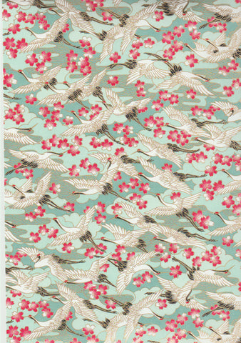 1024C  Yuzen Chiyogami--White and black cranes on a blue background with pink and white cherry blossoms