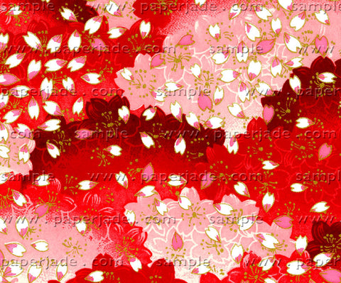 E711 Yuzen Chiyogami--red background with pink and white flower petals