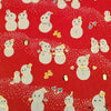 Snowman Chiyo (Christmas) Yuzen Chiyogami--You're not imagining things! Snowmen, mittens, socks, and mugs of presumably cocoa (?) on a red background